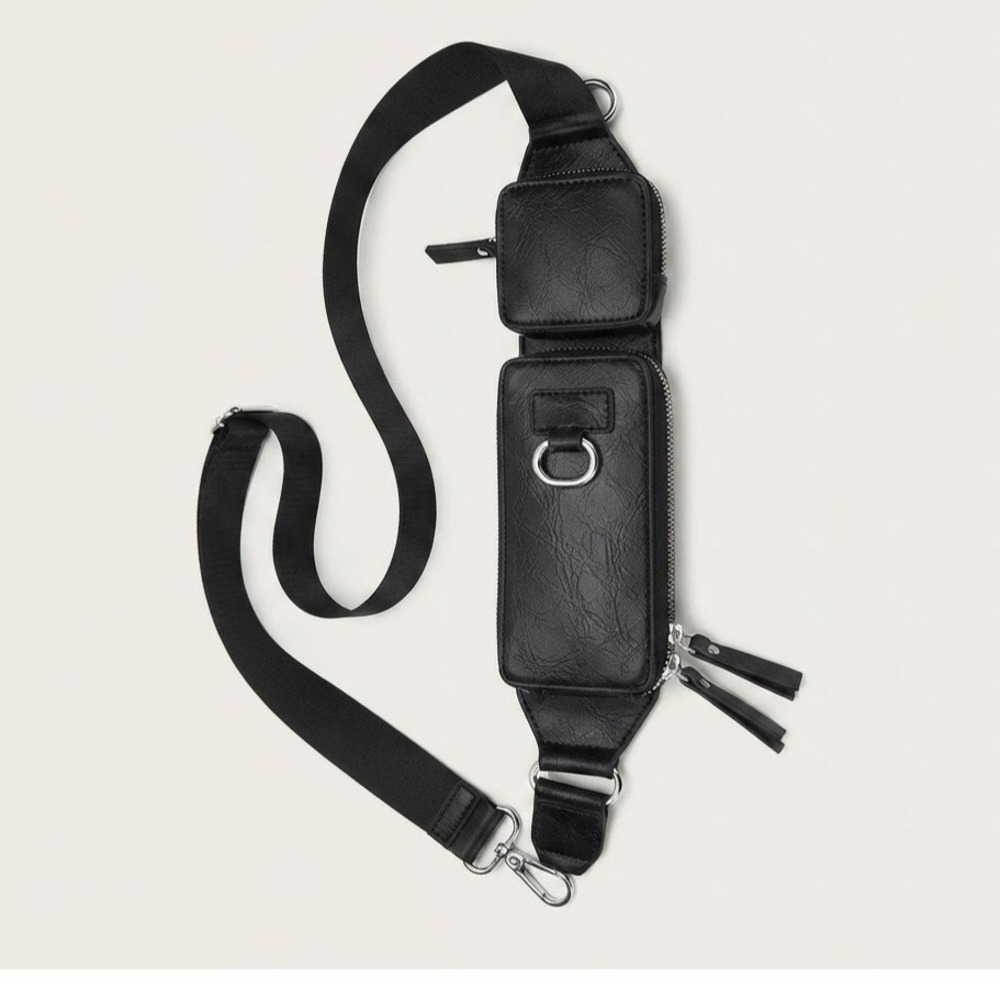 Black Faux Leather Utility Chest Bag Tactical Crossbody Sling Pouch Streetwear